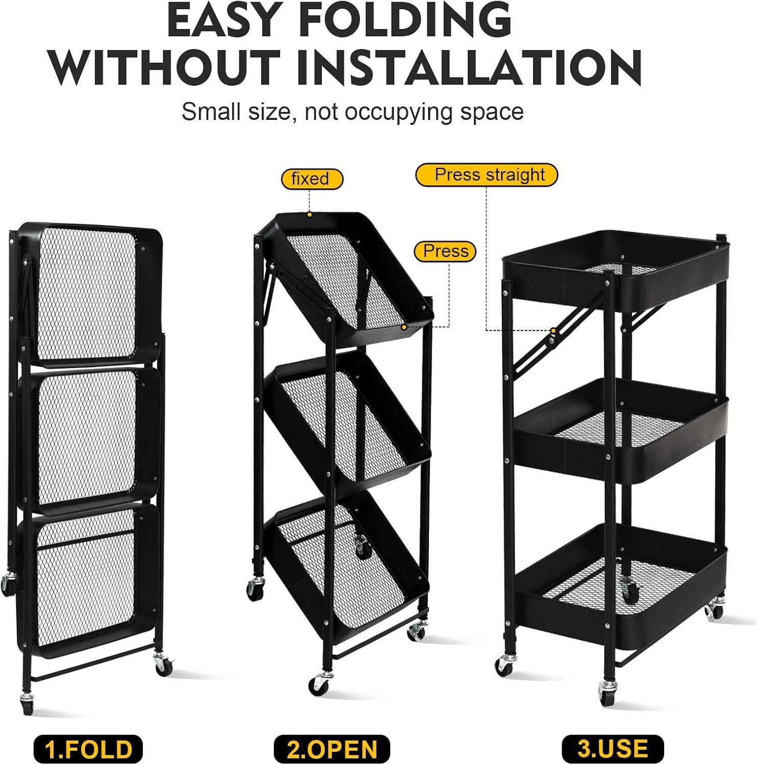 3-Tier Foldable Storage Cart with Wheels - Practical and Organized - Image 4