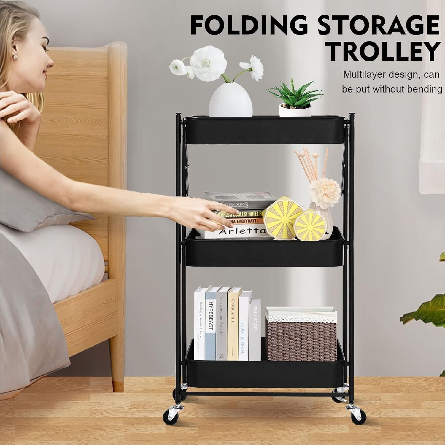 3-Tier Foldable Storage Cart with Wheels - Practical and Organized - Image 3