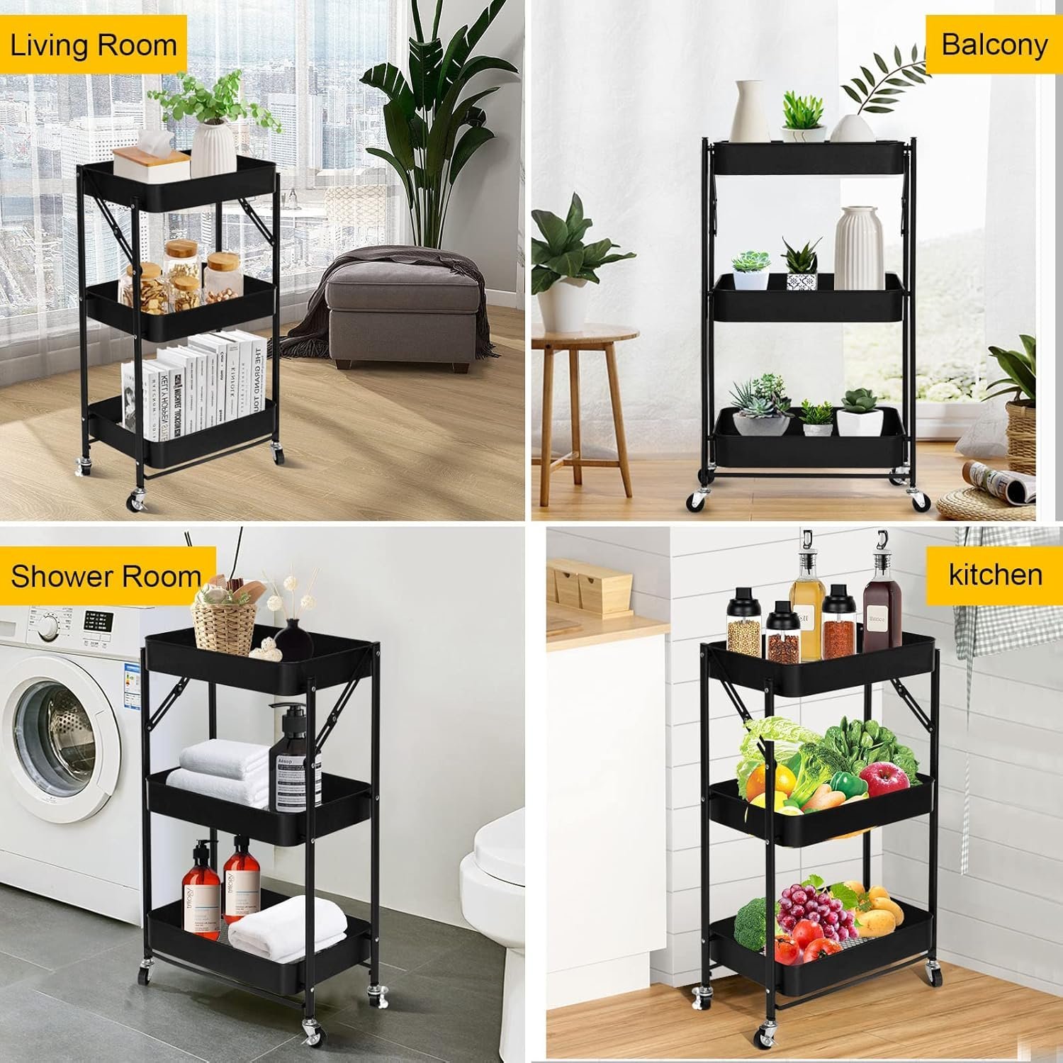 3-Tier Foldable Storage Cart with Wheels - Practical and Organized - Image 8